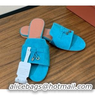 Low Price Loro Piana Summer Charms Slides Sandal in Suede LP62030 Blue