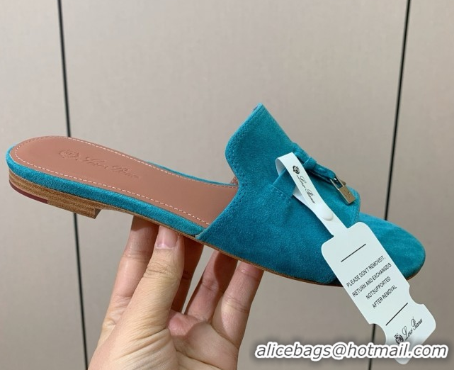 Low Price Loro Piana Summer Charms Slides Sandal in Suede LP62030 Blue