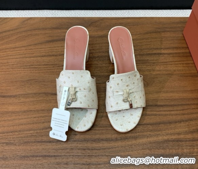 Cheap Price Loro Piana Summer Charms Sandal 5.5cm Heel in Ostrich Pattern Leather LP62301 Apricot
