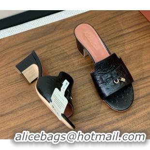 Good Product Loro Piana Summer Charms Sandal 5.5cm Heel in Ostrich Pattern Leather LP62302 Black
