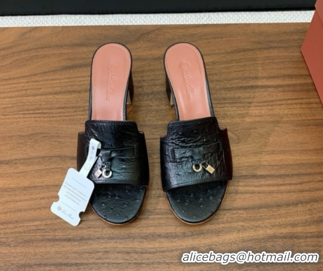 Good Product Loro Piana Summer Charms Sandal 5.5cm Heel in Ostrich Pattern Leather LP62302 Black