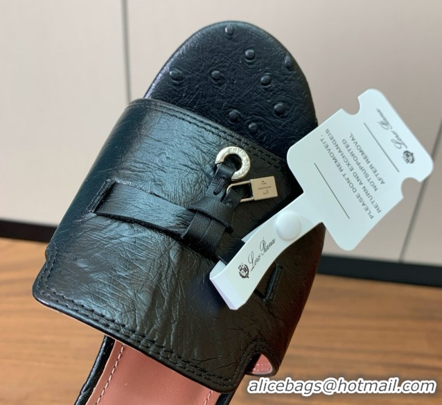 Good Product Loro Piana Summer Charms Sandal 5.5cm Heel in Ostrich Pattern Leather LP62302 Black