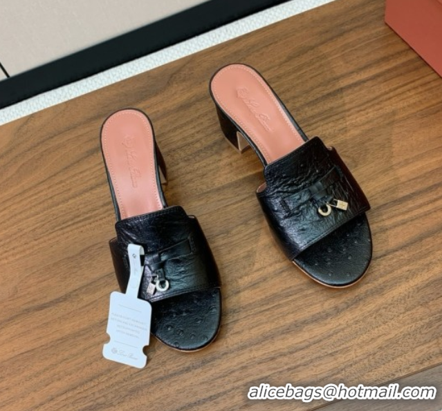 Good Product Loro Piana Summer Charms Sandal 5.5cm Heel in Ostrich Pattern Leather LP62302 Black