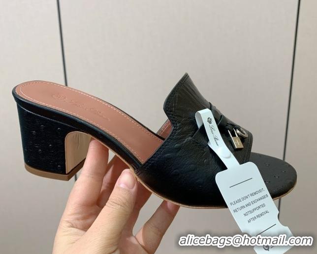 Good Product Loro Piana Summer Charms Sandal 5.5cm Heel in Ostrich Pattern Leather LP62302 Black