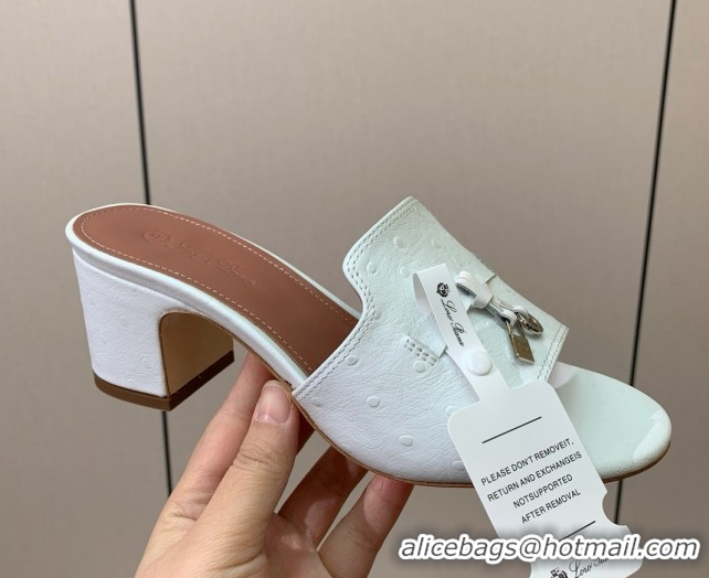 Big Discount Loro Piana Summer Charms Sandal 5.5cm Heel in Ostrich Pattern Leather LP62303 White