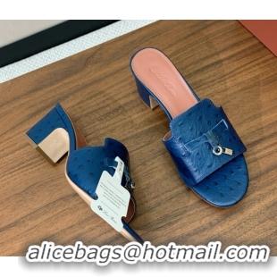 Low Price Loro Piana Summer Charms Sandal 5.5cm Heel in Ostrich Pattern Leather LP62305 Deep Blue