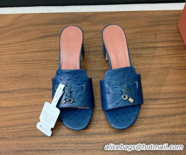 Low Price Loro Piana Summer Charms Sandal 5.5cm Heel in Ostrich Pattern Leather LP62305 Deep Blue
