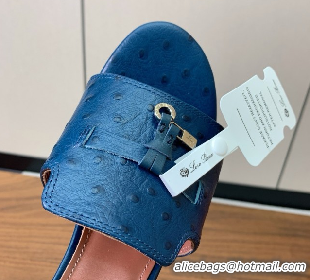 Low Price Loro Piana Summer Charms Sandal 5.5cm Heel in Ostrich Pattern Leather LP62305 Deep Blue