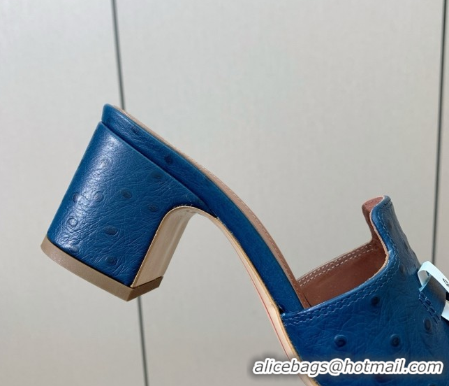 Low Price Loro Piana Summer Charms Sandal 5.5cm Heel in Ostrich Pattern Leather LP62305 Deep Blue