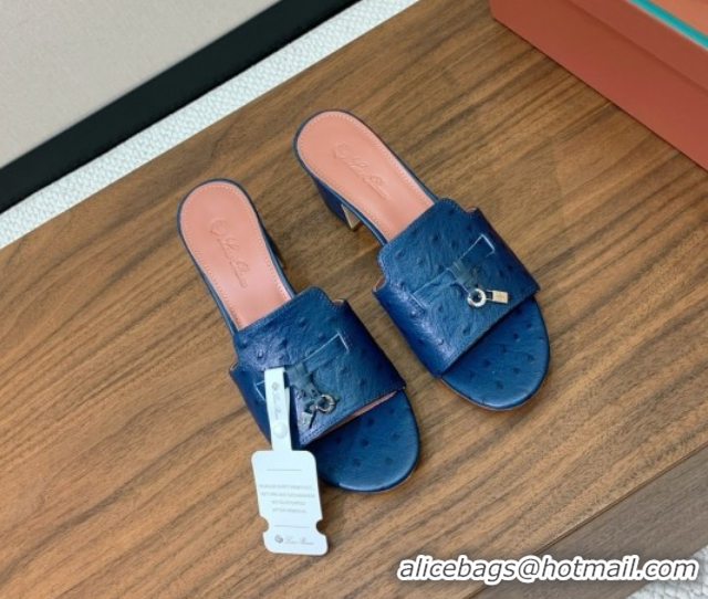 Low Price Loro Piana Summer Charms Sandal 5.5cm Heel in Ostrich Pattern Leather LP62305 Deep Blue