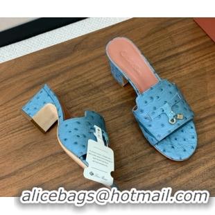 Top Grade Loro Piana Summer Charms Sandal 5.5cm Heel in Ostrich Pattern Leather LP62306 Blue