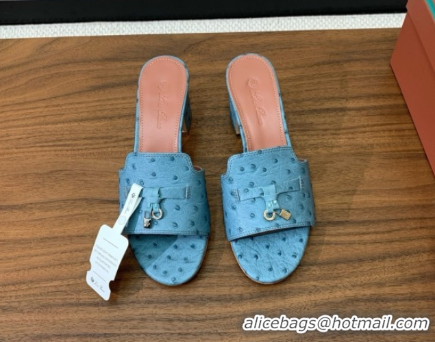 Top Grade Loro Piana Summer Charms Sandal 5.5cm Heel in Ostrich Pattern Leather LP62306 Blue