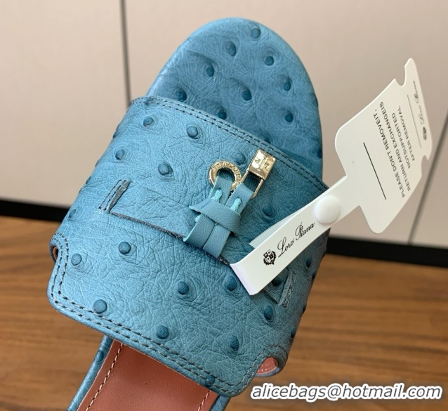 Top Grade Loro Piana Summer Charms Sandal 5.5cm Heel in Ostrich Pattern Leather LP62306 Blue