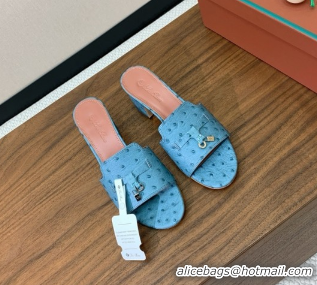 Top Grade Loro Piana Summer Charms Sandal 5.5cm Heel in Ostrich Pattern Leather LP62306 Blue