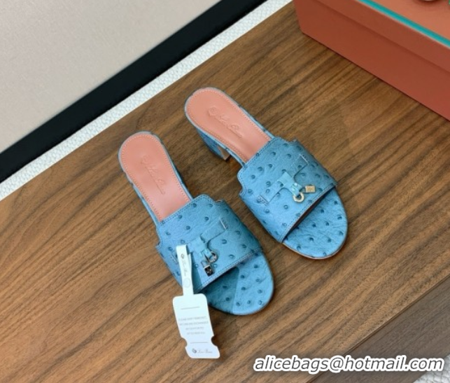 Top Grade Loro Piana Summer Charms Sandal 5.5cm Heel in Ostrich Pattern Leather LP62306 Blue