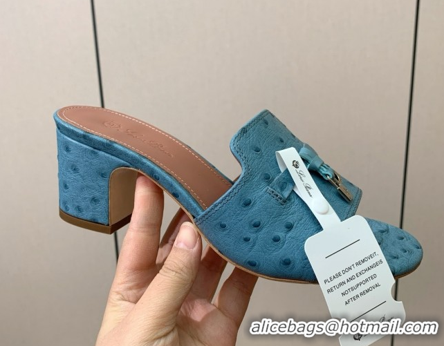 Top Grade Loro Piana Summer Charms Sandal 5.5cm Heel in Ostrich Pattern Leather LP62306 Blue