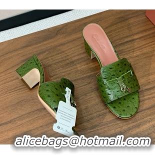 Grade Quality Loro Piana Summer Charms Sandal 5.5cm Heel in Ostrich Pattern Leather LP62308 Green