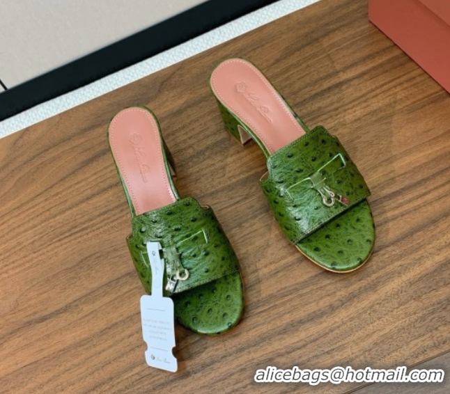 Grade Quality Loro Piana Summer Charms Sandal 5.5cm Heel in Ostrich Pattern Leather LP62308 Green