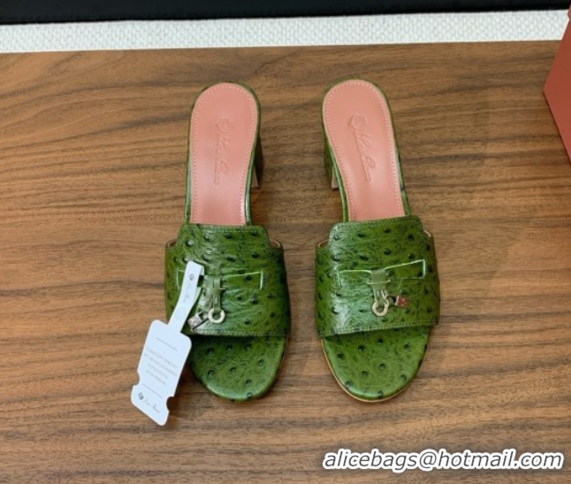 Grade Quality Loro Piana Summer Charms Sandal 5.5cm Heel in Ostrich Pattern Leather LP62308 Green