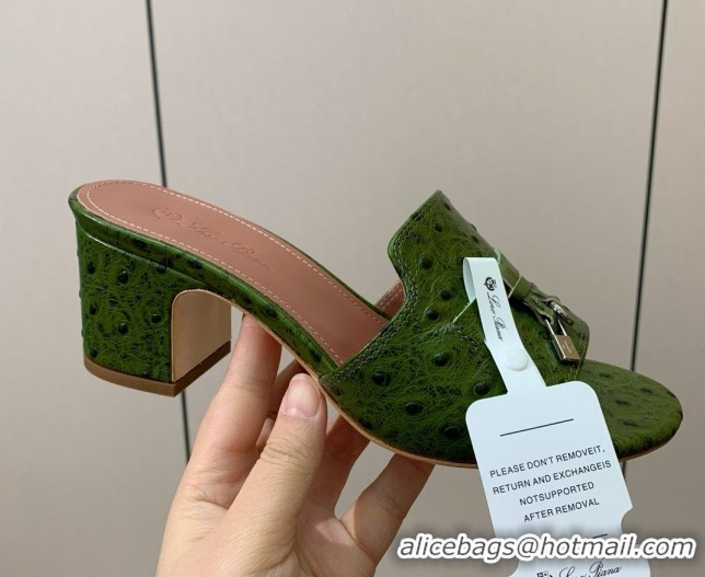 Grade Quality Loro Piana Summer Charms Sandal 5.5cm Heel in Ostrich Pattern Leather LP62308 Green