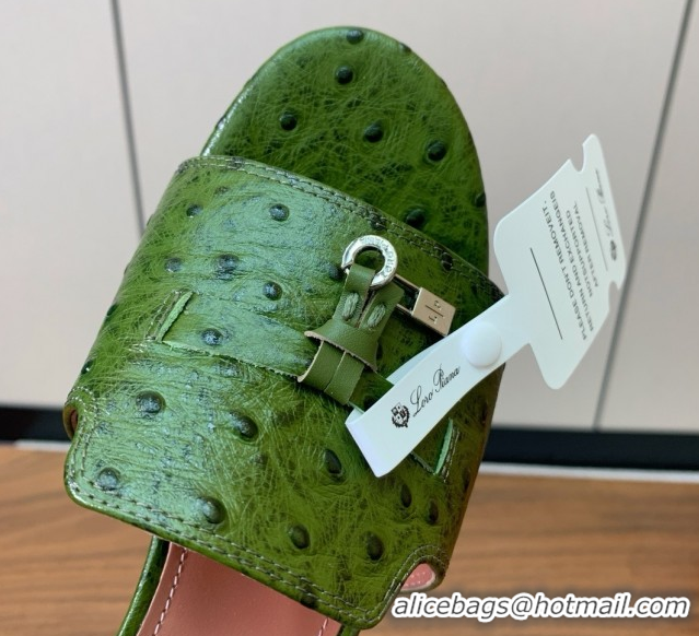 Grade Quality Loro Piana Summer Charms Sandal 5.5cm Heel in Ostrich Pattern Leather LP62308 Green