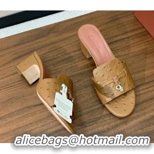 Top Design Loro Piana Summer Charms Sandal 5.5cm Heel in Ostrich Pattern Leather LP62307 Brown