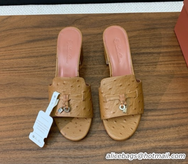 Top Design Loro Piana Summer Charms Sandal 5.5cm Heel in Ostrich Pattern Leather LP62307 Brown