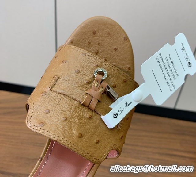 Top Design Loro Piana Summer Charms Sandal 5.5cm Heel in Ostrich Pattern Leather LP62307 Brown