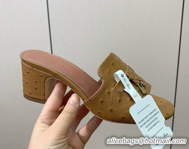 Top Design Loro Piana Summer Charms Sandal 5.5cm Heel in Ostrich Pattern Leather LP62307 Brown