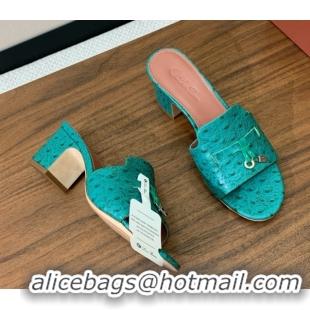 Best Grade Loro Piana Summer Charms Sandal 5.5cm Heel in Ostrich Pattern Leather LP62309 Green