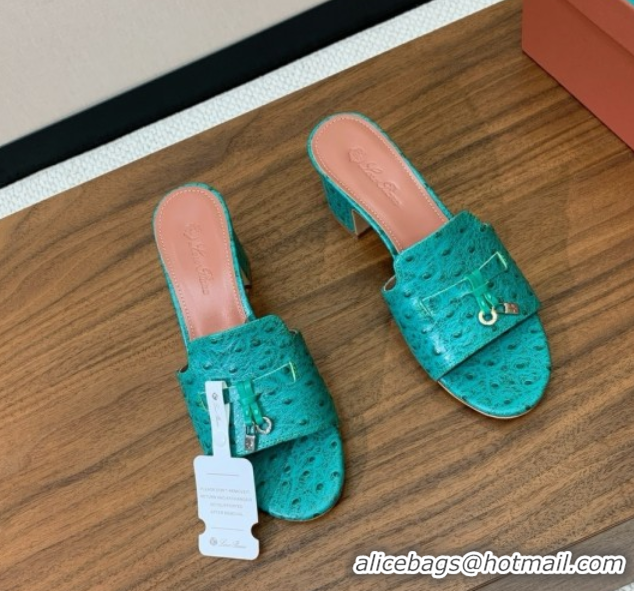 Best Grade Loro Piana Summer Charms Sandal 5.5cm Heel in Ostrich Pattern Leather LP62309 Green
