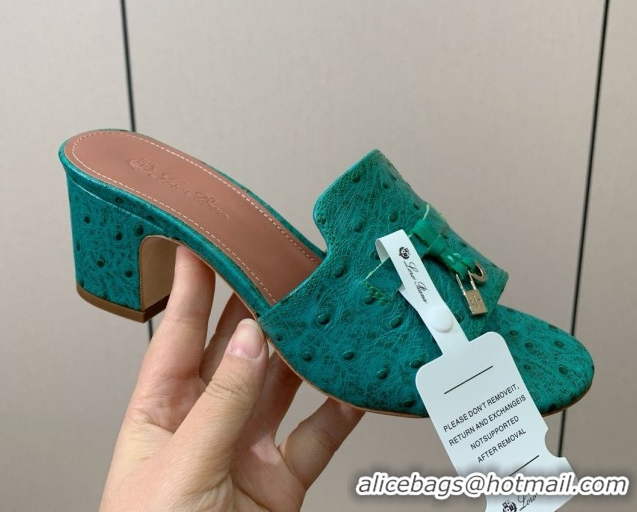 Best Grade Loro Piana Summer Charms Sandal 5.5cm Heel in Ostrich Pattern Leather LP62309 Green
