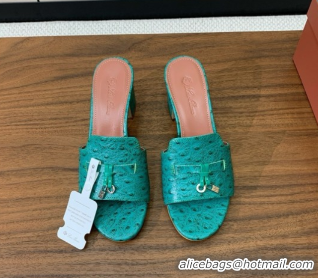 Best Grade Loro Piana Summer Charms Sandal 5.5cm Heel in Ostrich Pattern Leather LP62309 Green