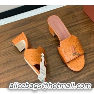 Stylish Loro Piana Summer Charms Sandal 5.5cm Heel in Ostrich Pattern Leather LP62310 Orange