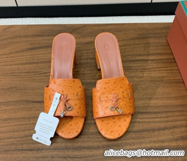 Stylish Loro Piana Summer Charms Sandal 5.5cm Heel in Ostrich Pattern Leather LP62310 Orange