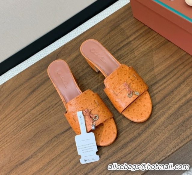 Stylish Loro Piana Summer Charms Sandal 5.5cm Heel in Ostrich Pattern Leather LP62310 Orange