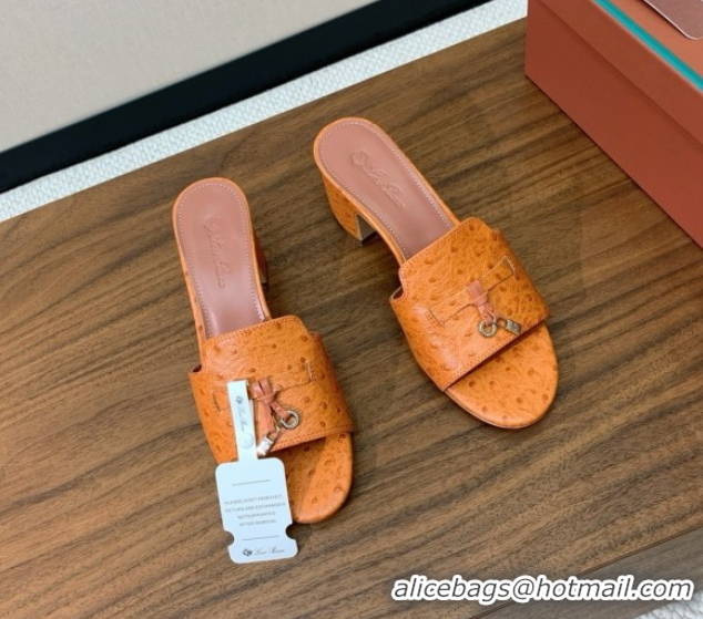 Stylish Loro Piana Summer Charms Sandal 5.5cm Heel in Ostrich Pattern Leather LP62310 Orange