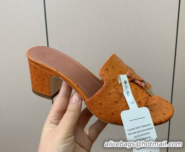 Stylish Loro Piana Summer Charms Sandal 5.5cm Heel in Ostrich Pattern Leather LP62310 Orange