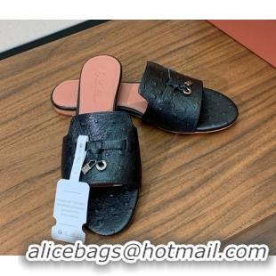 Pretty Style Loro Piana Summer Charms Slides Sandal in Ostrich Pattern Leather LP62314 Black