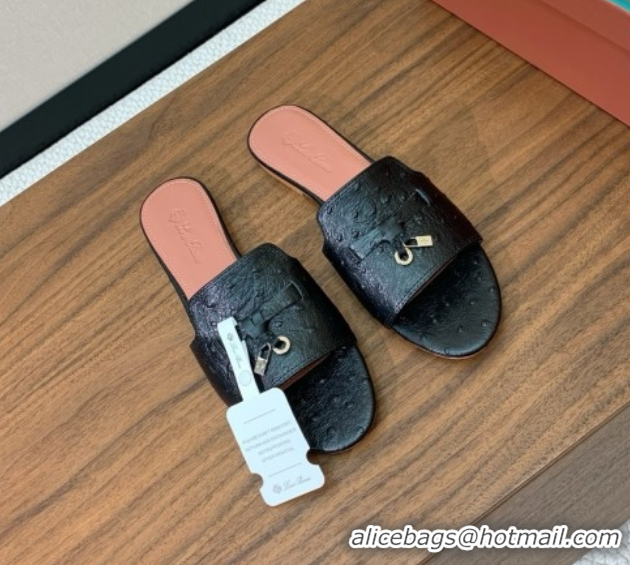 Pretty Style Loro Piana Summer Charms Slides Sandal in Ostrich Pattern Leather LP62314 Black