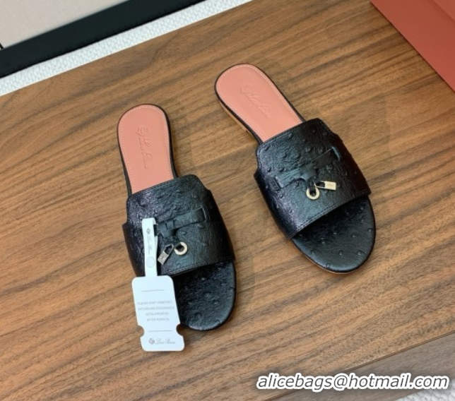Pretty Style Loro Piana Summer Charms Slides Sandal in Ostrich Pattern Leather LP62314 Black