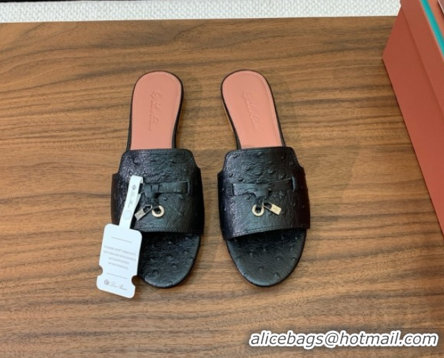 Pretty Style Loro Piana Summer Charms Slides Sandal in Ostrich Pattern Leather LP62314 Black