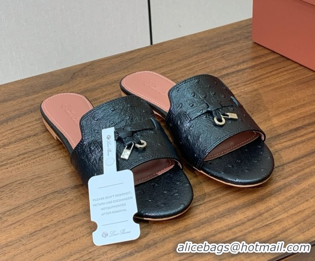 Pretty Style Loro Piana Summer Charms Slides Sandal in Ostrich Pattern Leather LP62314 Black