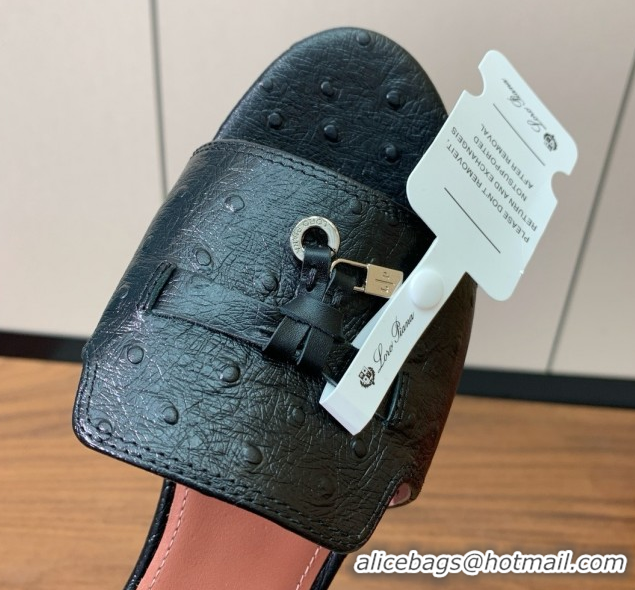 Pretty Style Loro Piana Summer Charms Slides Sandal in Ostrich Pattern Leather LP62314 Black