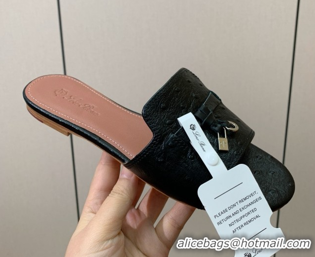 Pretty Style Loro Piana Summer Charms Slides Sandal in Ostrich Pattern Leather LP62314 Black