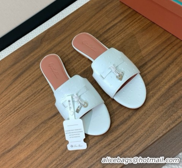 Good Quality Loro Piana Summer Charms Slides Sandal in Ostrich Pattern Leather LP62315 White