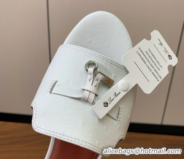 Good Quality Loro Piana Summer Charms Slides Sandal in Ostrich Pattern Leather LP62315 White