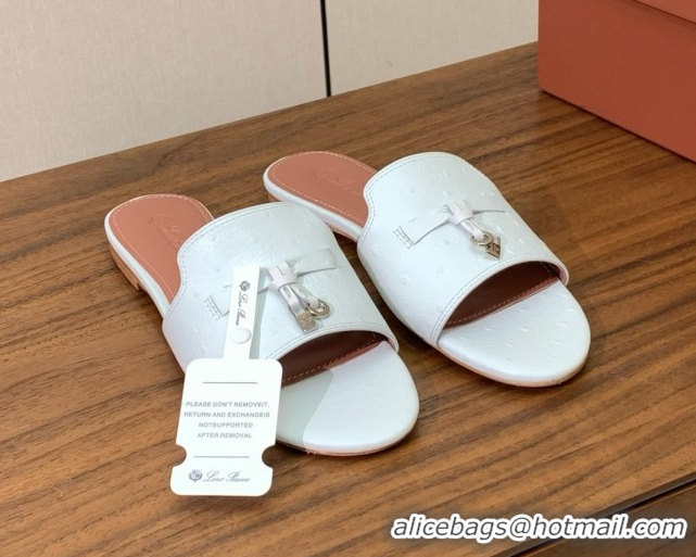 Good Quality Loro Piana Summer Charms Slides Sandal in Ostrich Pattern Leather LP62315 White
