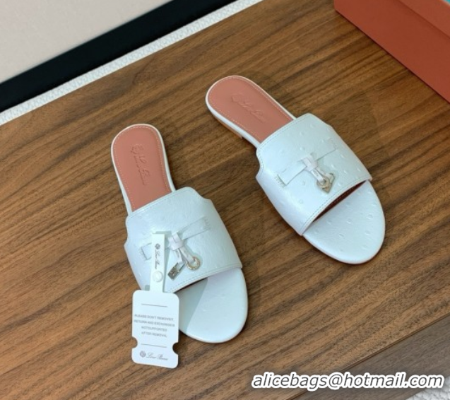 Good Quality Loro Piana Summer Charms Slides Sandal in Ostrich Pattern Leather LP62315 White