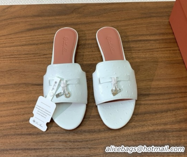 Good Quality Loro Piana Summer Charms Slides Sandal in Ostrich Pattern Leather LP62315 White